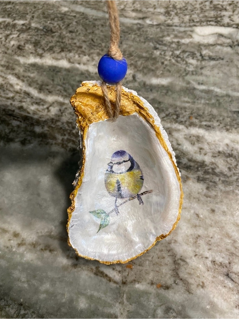 Blue tit bird oyster shell ornament